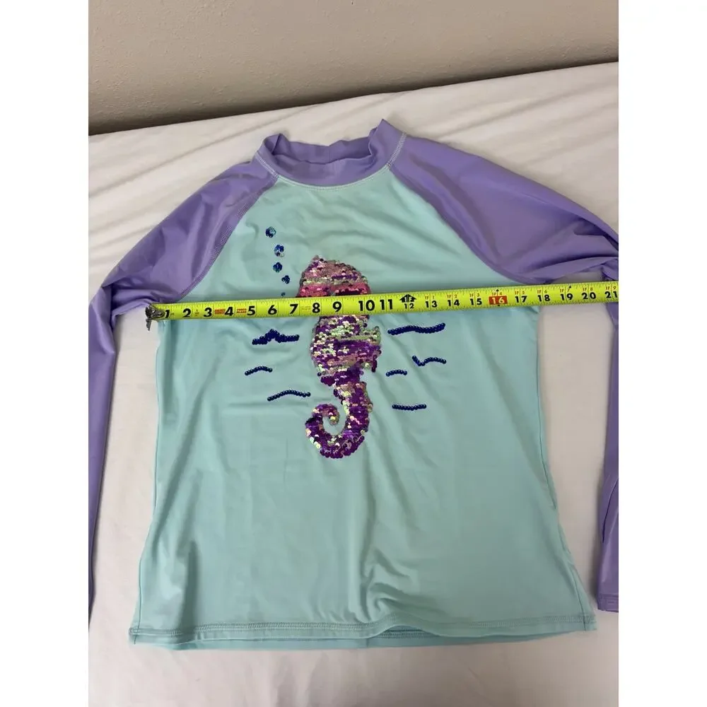 Girls Land End XL 14-16 Rashguard Long Sleeve Swimwear Seahorse Ocean Theme